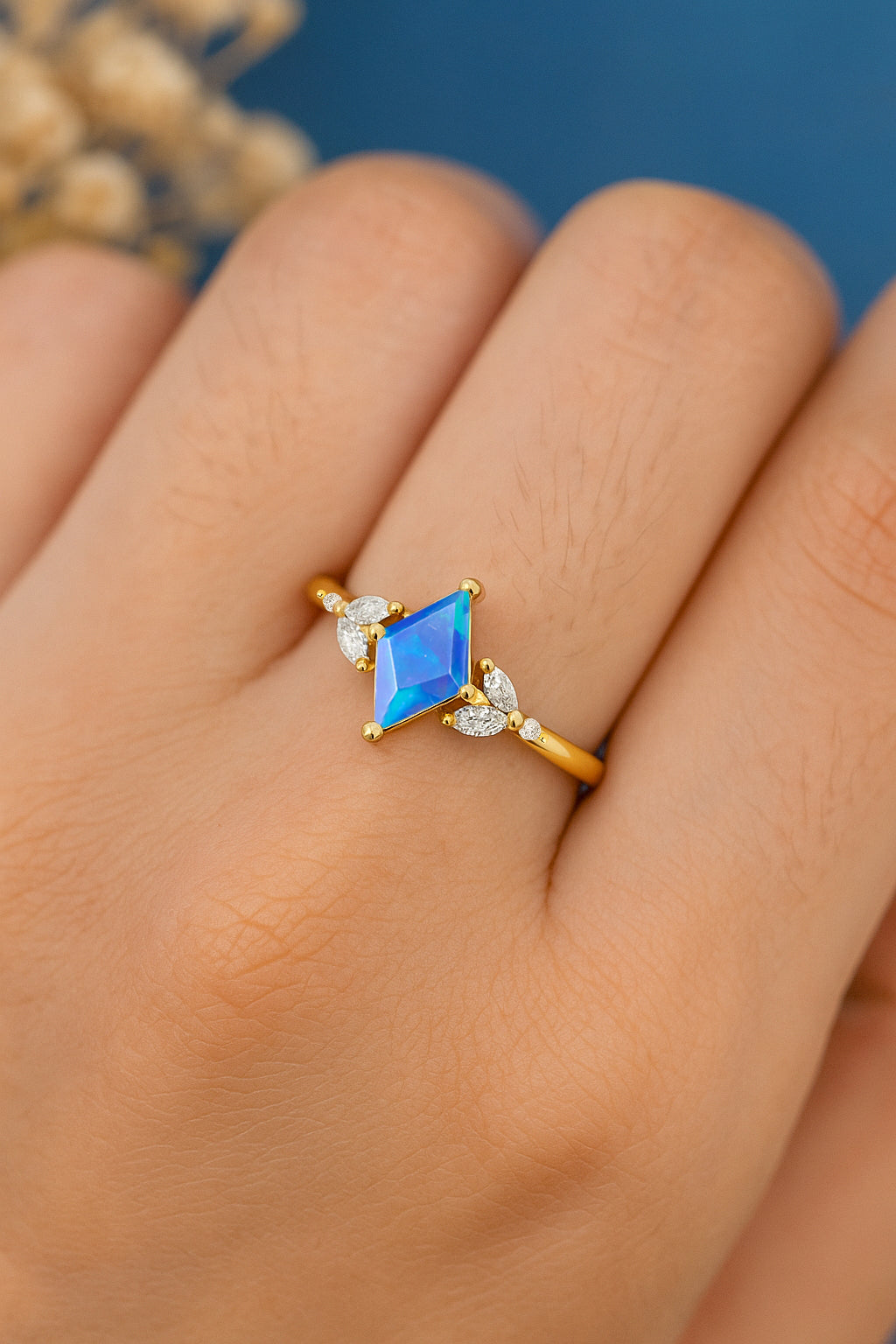 Natural Blue Opal Kite Shape Faceted Cut Designer Ring with Cubic Zircon