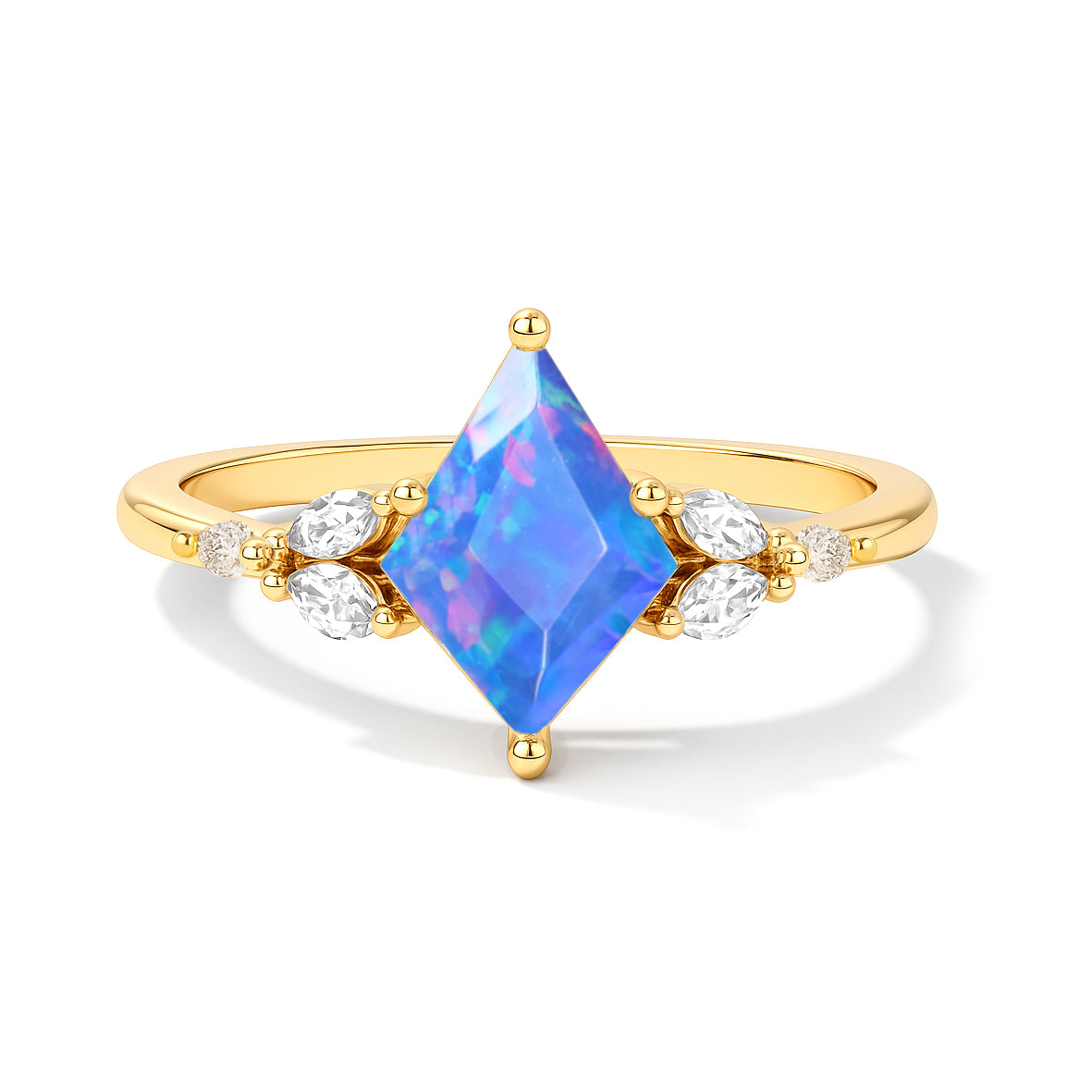 Natural Blue Opal Kite Shape Faceted Cut Designer Ring with Cubic Zircon