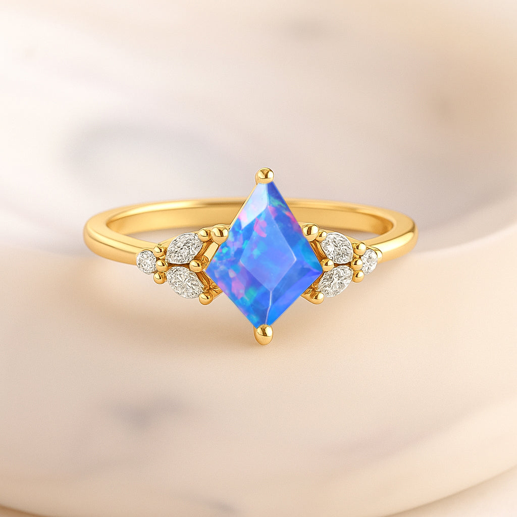 Natural Blue Opal Kite Shape Faceted Cut Designer Ring with Cubic Zircon