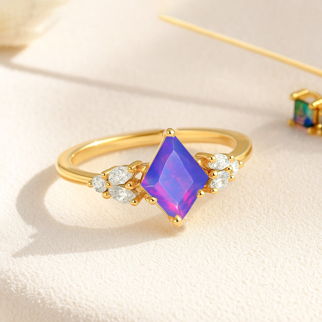 Natural Lavender Opal Kite Shape Faceted Cut Designer Ring with Cubic Zircon