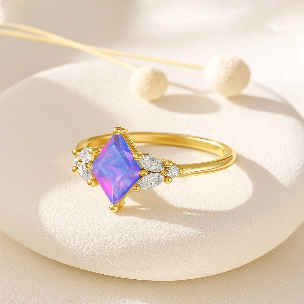 Natural Lavender Opal Kite Shape Faceted Cut Designer Ring with Cubic Zircon