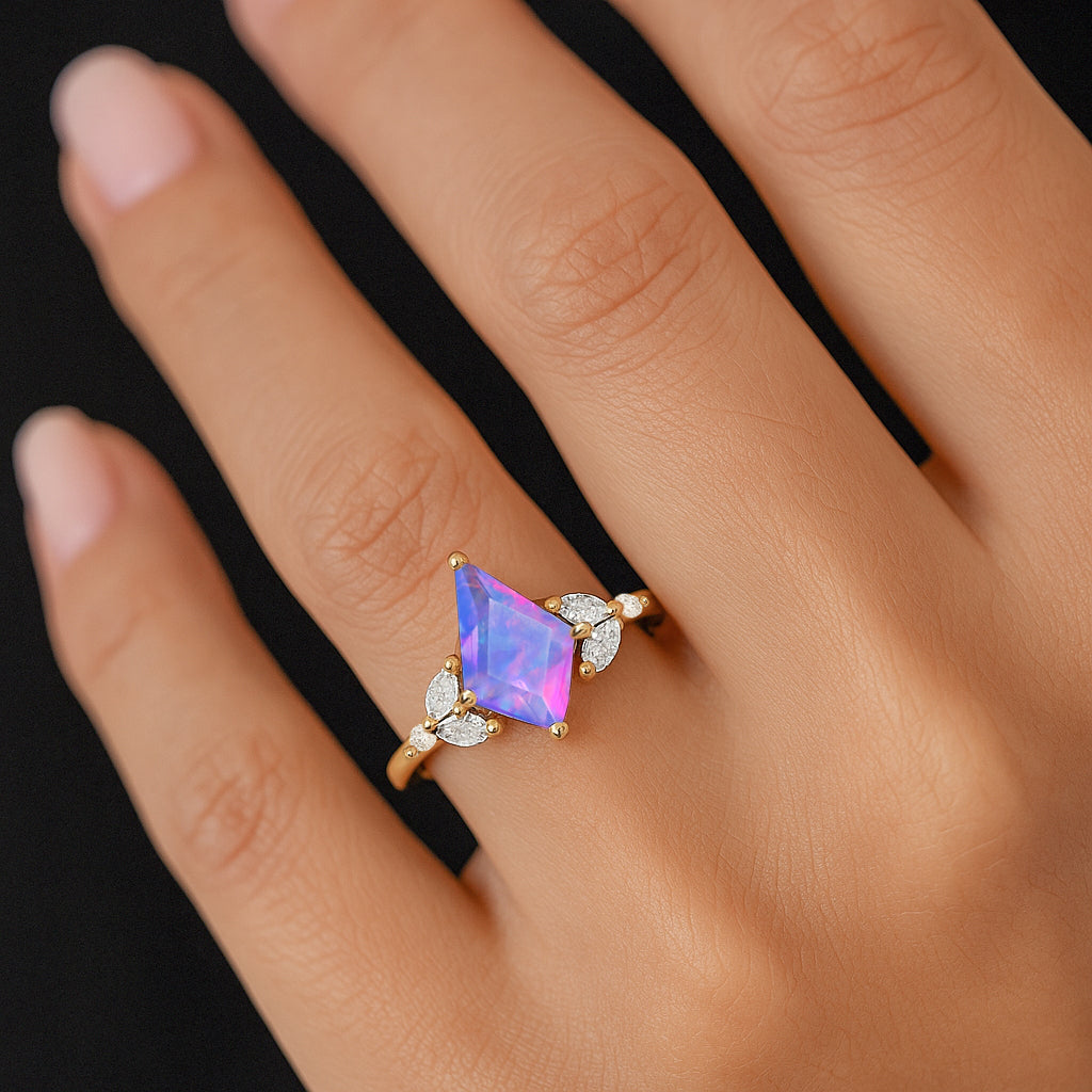Natural Lavender Opal Kite Shape Faceted Cut Designer Ring with Cubic Zircon