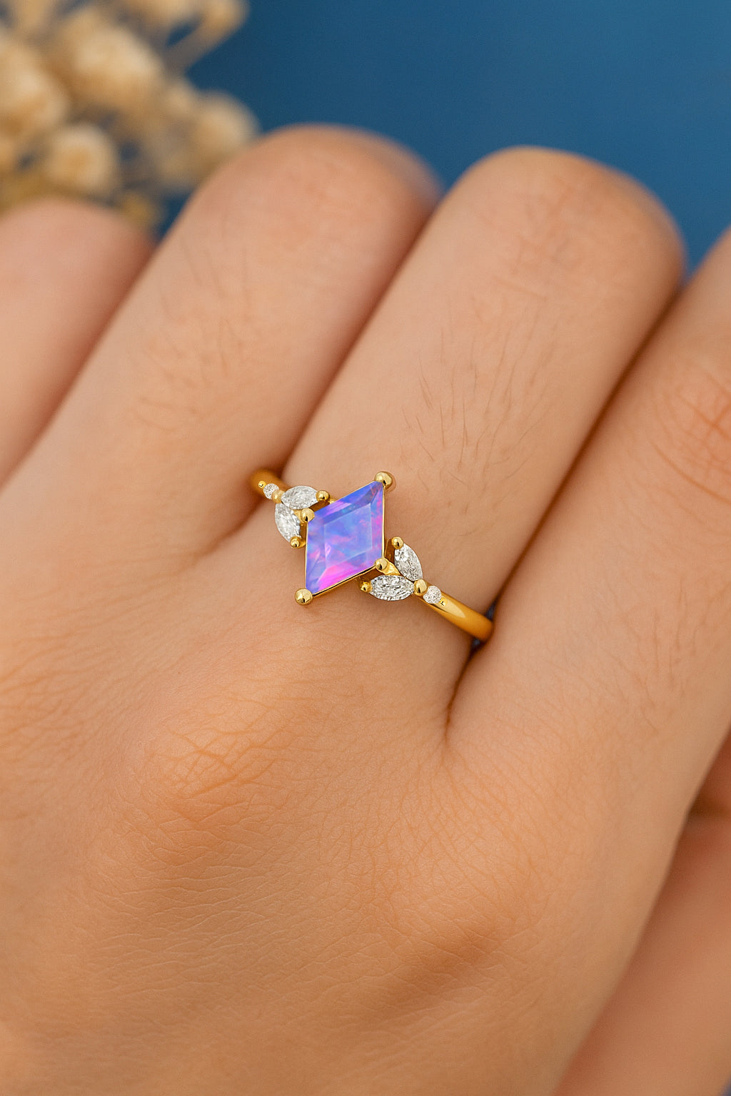 Natural Lavender Opal Kite Shape Faceted Cut Designer Ring with Cubic Zircon