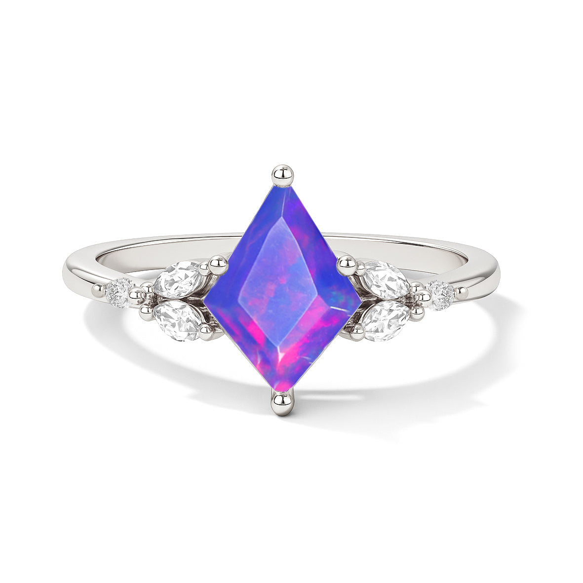 Natural Lavender Opal Kite Shape Faceted Cut Designer Ring with Cubic Zircon