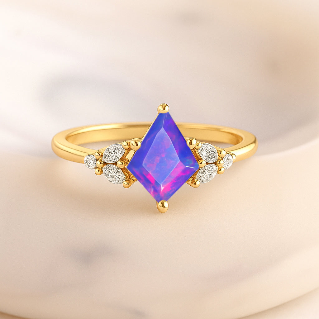 Natural Lavender Opal Kite Shape Faceted Cut Designer Ring with Cubic Zircon