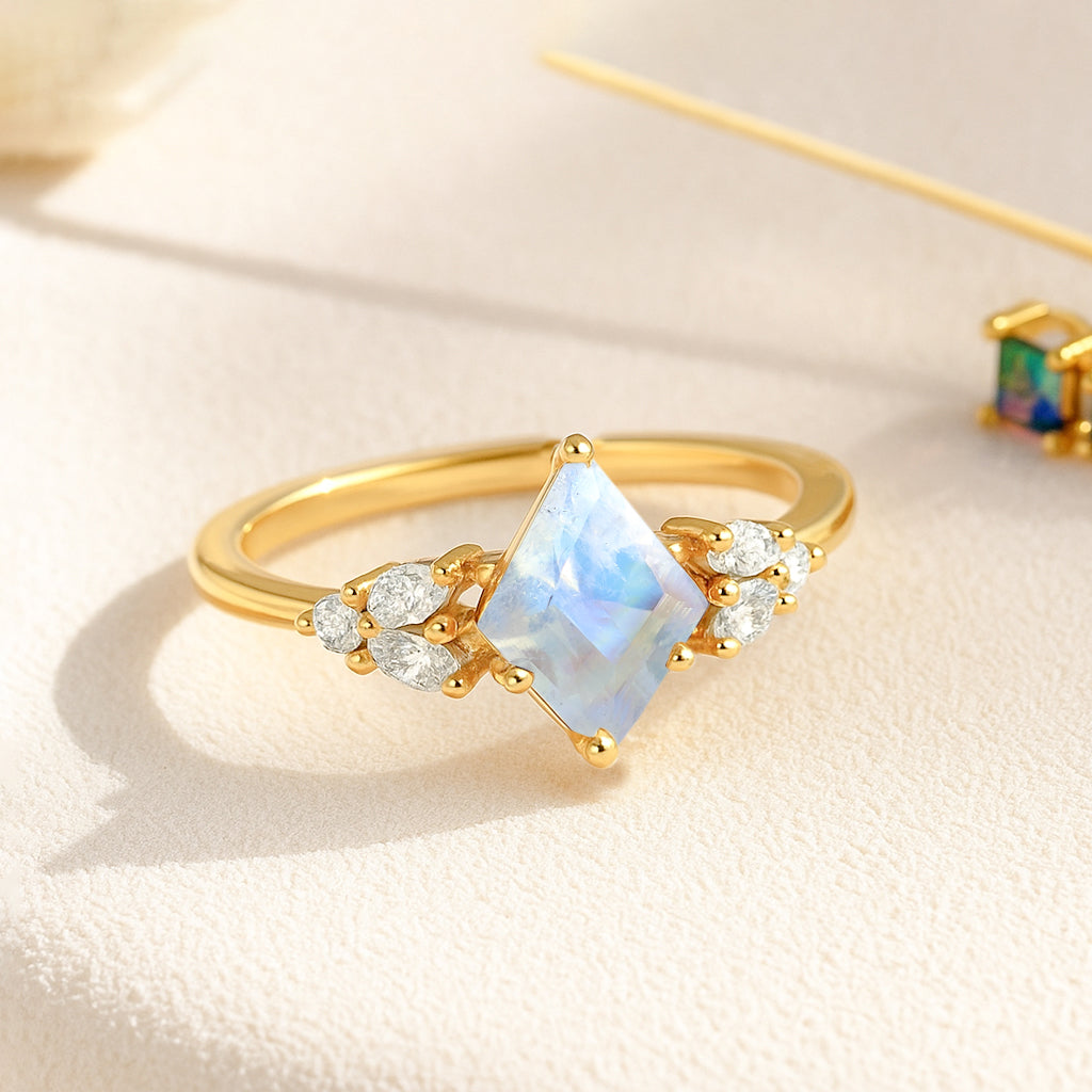 Natural Moonstone Kite Shape Faceted Cut Designer Ring with Cubic Zircon