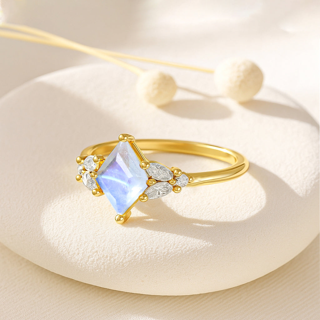 Natural Moonstone Kite Shape Faceted Cut Designer Ring with Cubic Zircon
