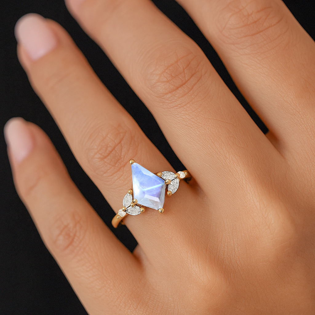 Natural Moonstone Kite Shape Faceted Cut Designer Ring with Cubic Zircon