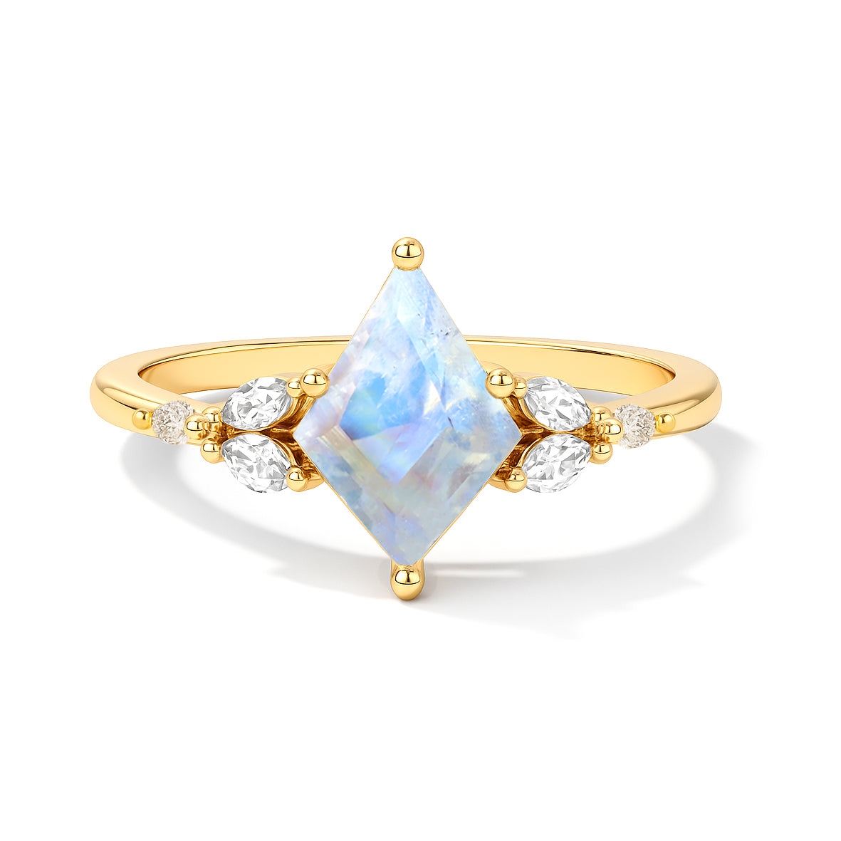 Natural Moonstone Kite Shape Faceted Cut Designer Ring with Cubic Zircon