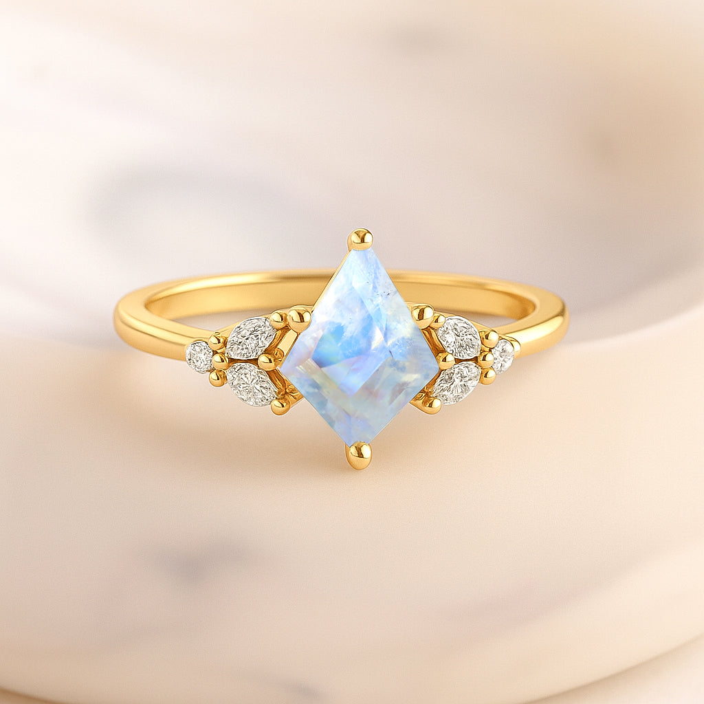 Natural Moonstone Kite Shape Faceted Cut Designer Ring with Cubic Zircon
