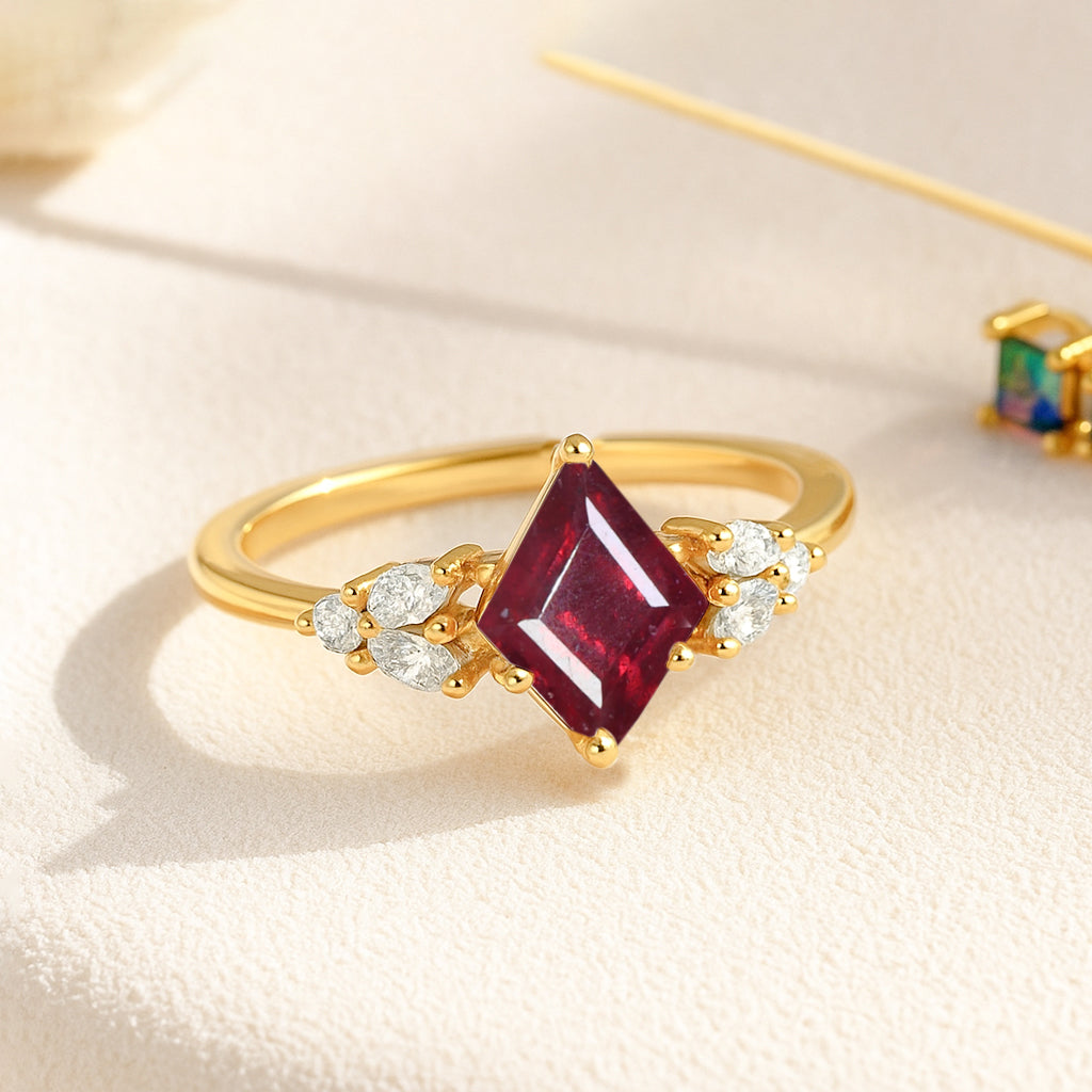 Natural Ruby Kite Shape Faceted Cut Designer Ring with Cubic Zircon