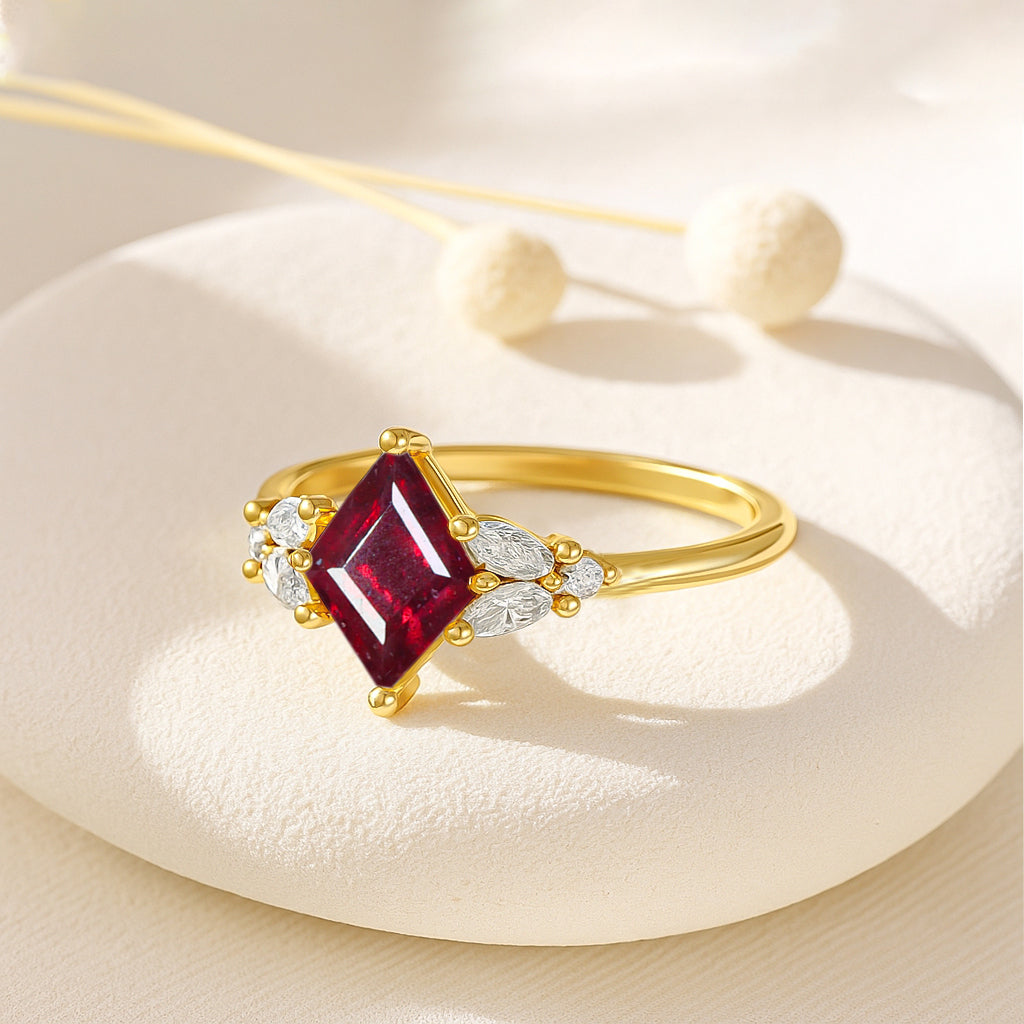 Natural Ruby Kite Shape Faceted Cut Designer Ring with Cubic Zircon