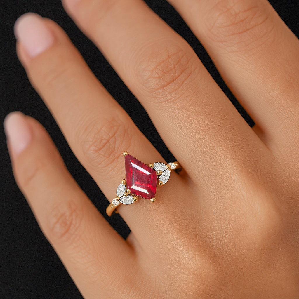 Natural Ruby Kite Shape Faceted Cut Designer Ring with Cubic Zircon