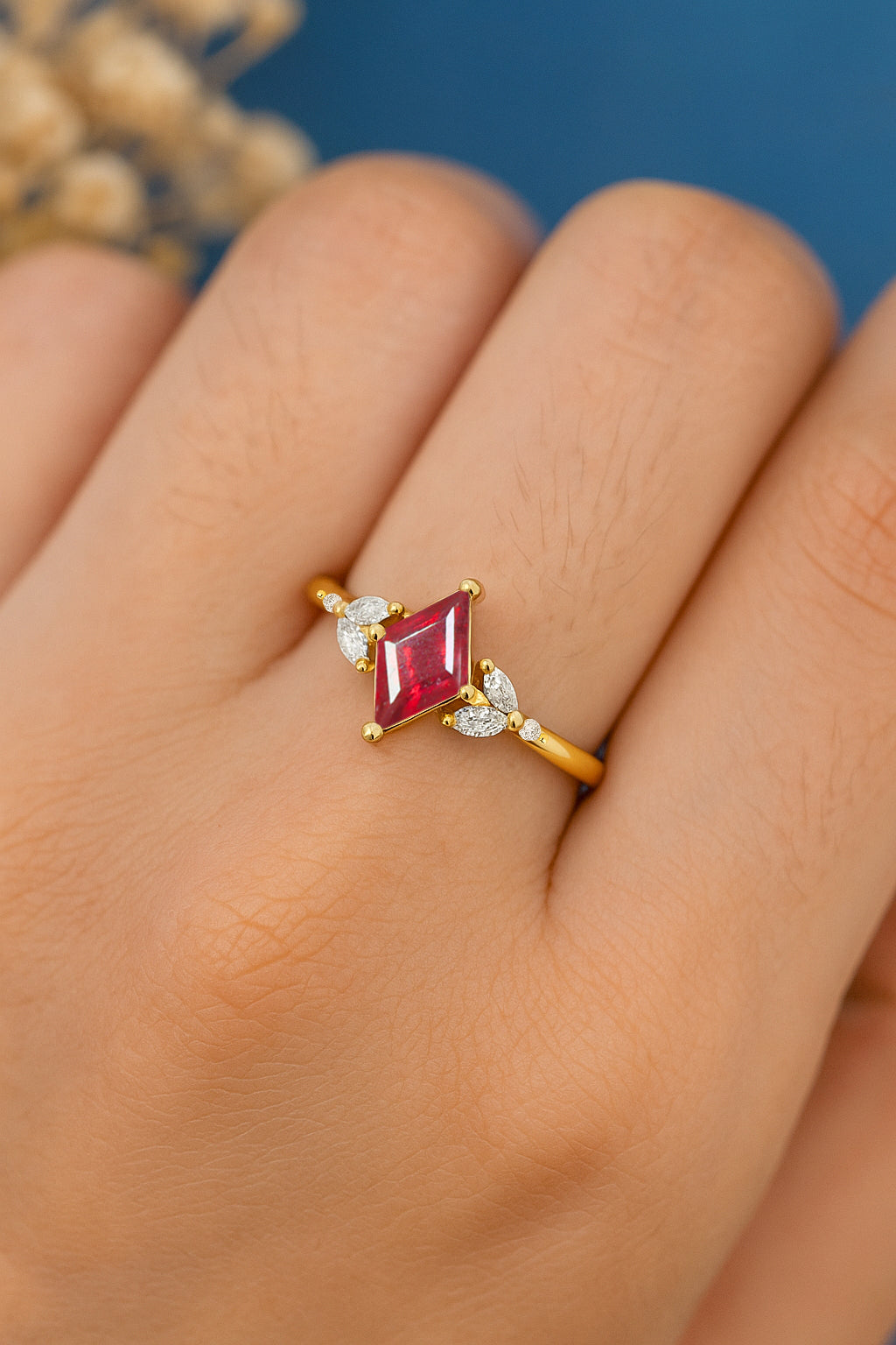 Natural Ruby Kite Shape Faceted Cut Designer Ring with Cubic Zircon