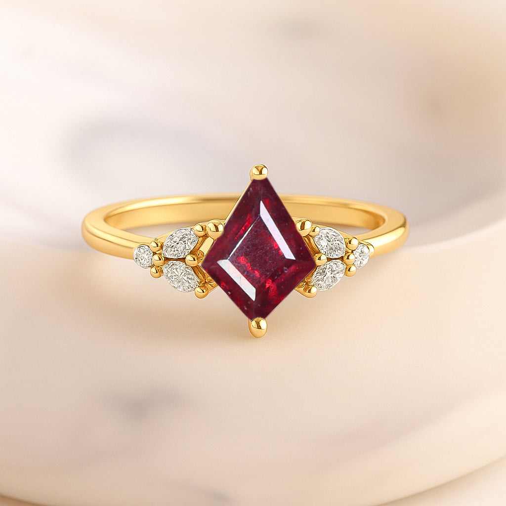 Natural Ruby Kite Shape Faceted Cut Designer Ring with Cubic Zircon