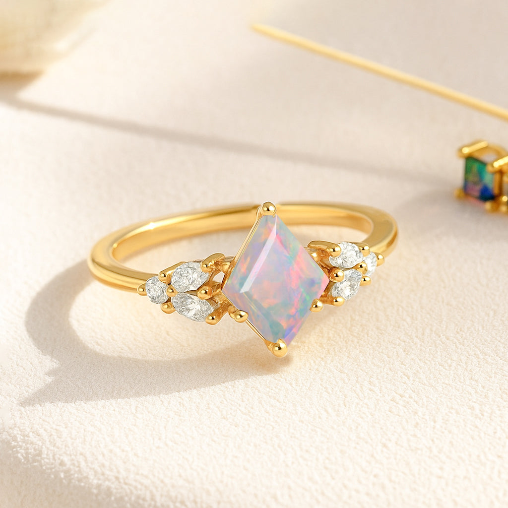 Natural White Opal Kite Shape Faceted Cut Designer Ring with Cubic Zircon