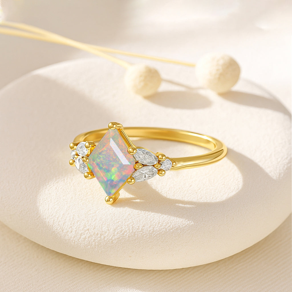 Natural White Opal Kite Shape Faceted Cut Designer Ring with Cubic Zircon