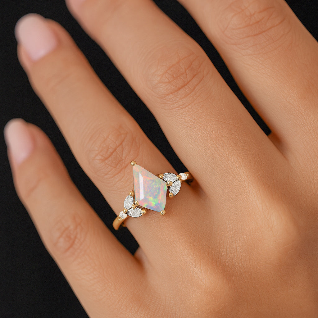 Natural White Opal Kite Shape Faceted Cut Designer Ring with Cubic Zircon