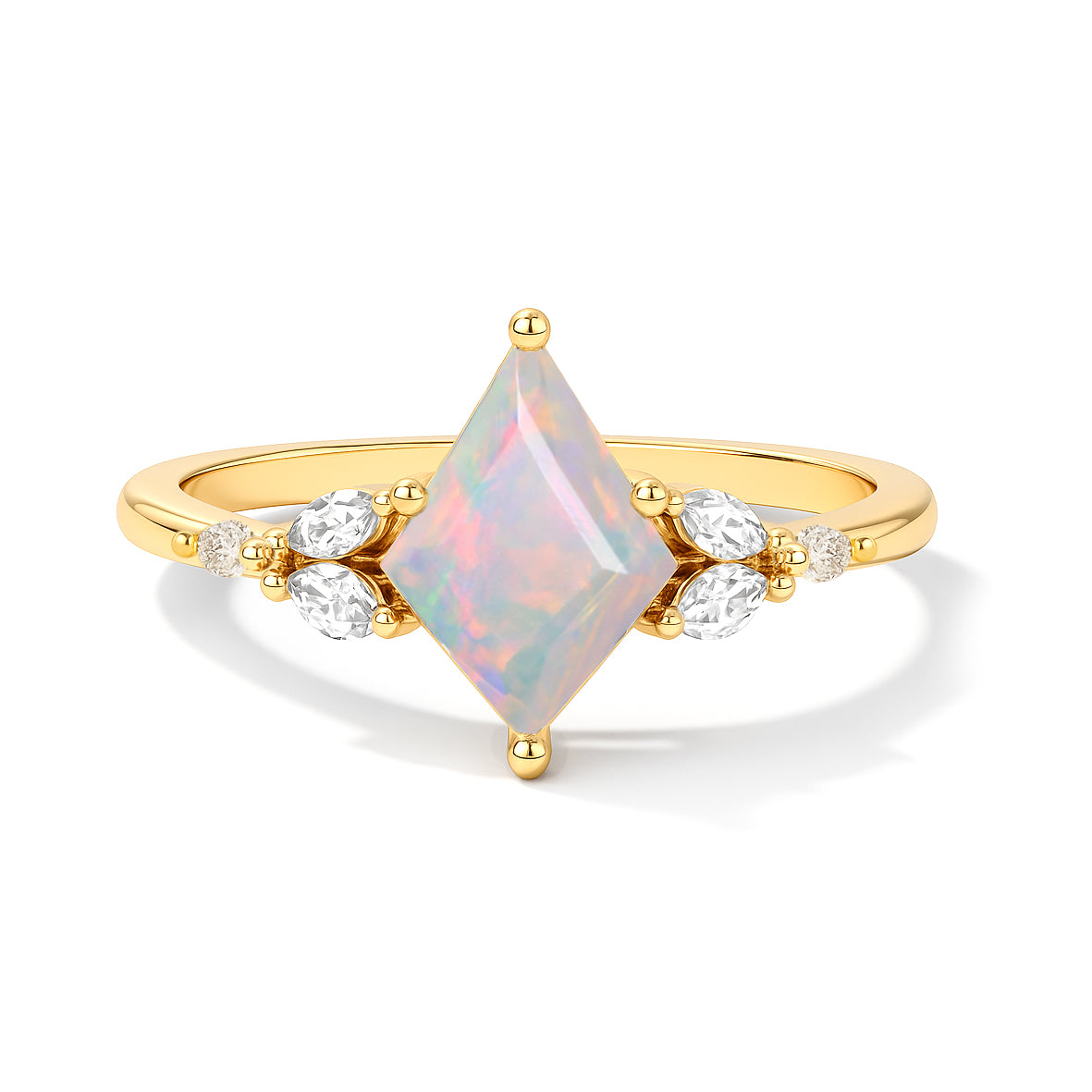 Natural White Opal Kite Shape Faceted Cut Designer Ring with Cubic Zircon