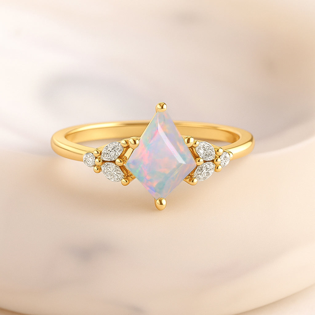 Natural White Opal Kite Shape Faceted Cut Designer Ring with Cubic Zircon