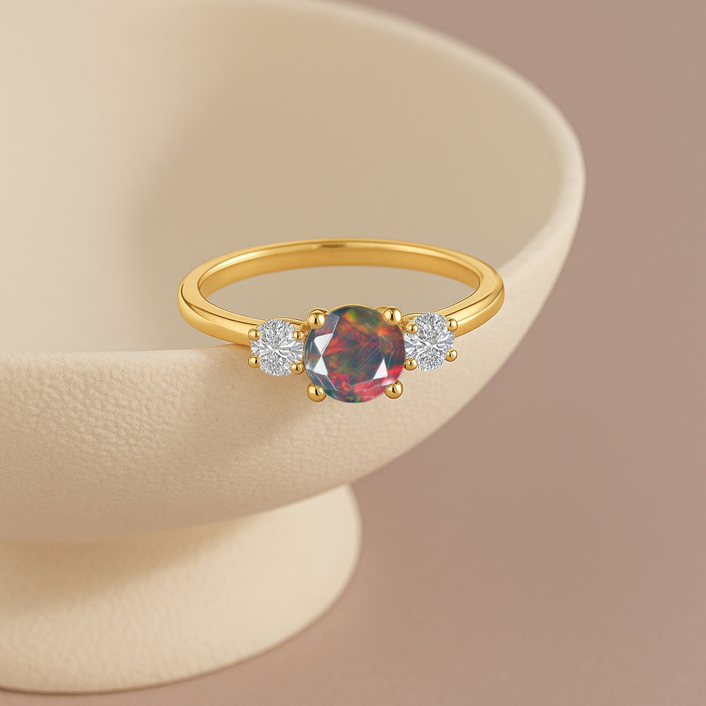 Natural Black Opal and Cubic Zircon Birthstone Trilogy Ring
