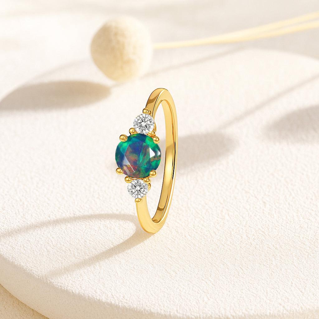 Natural Black Opal and Cubic Zircon Birthstone Trilogy Ring