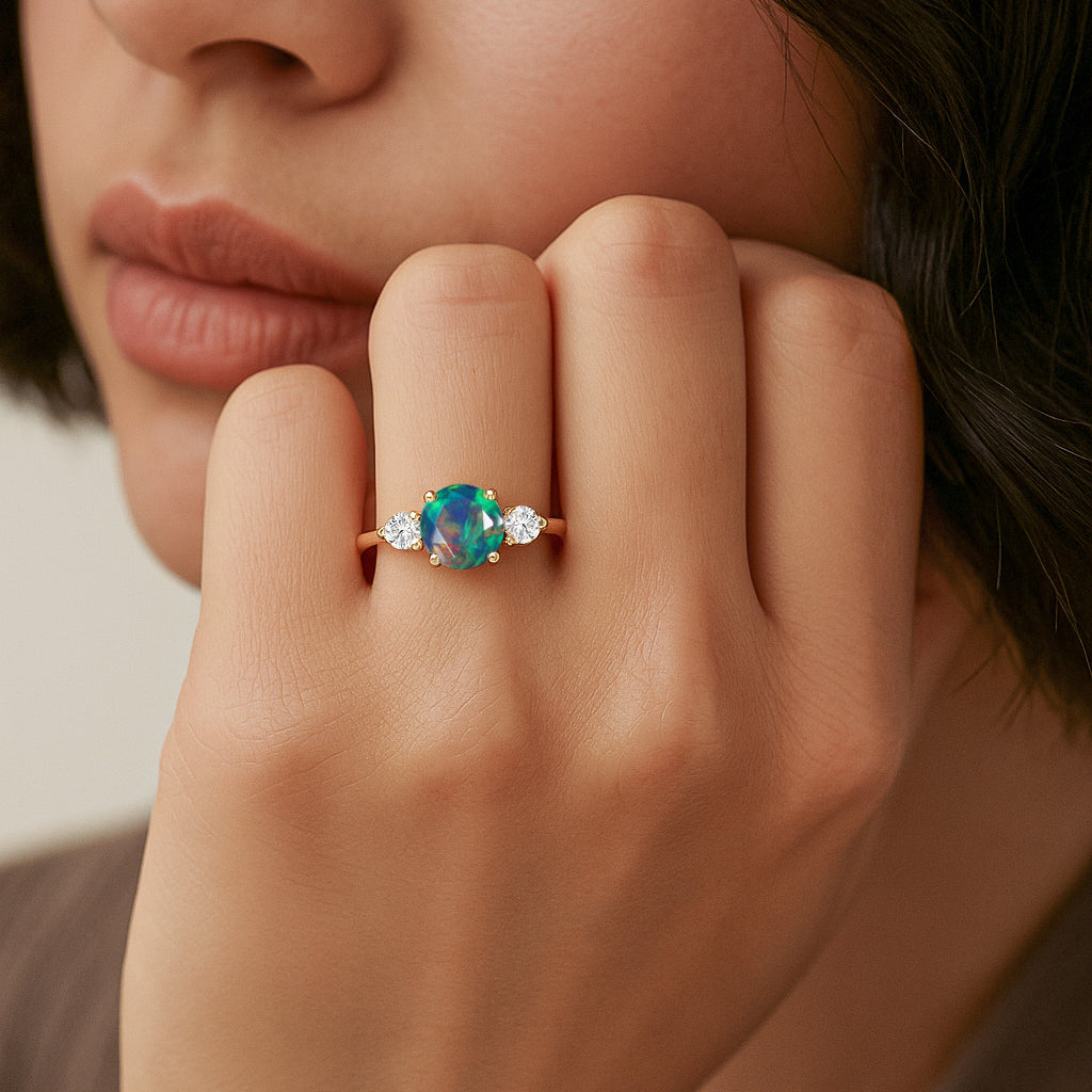 Natural Black Opal and Cubic Zircon Birthstone Trilogy Ring