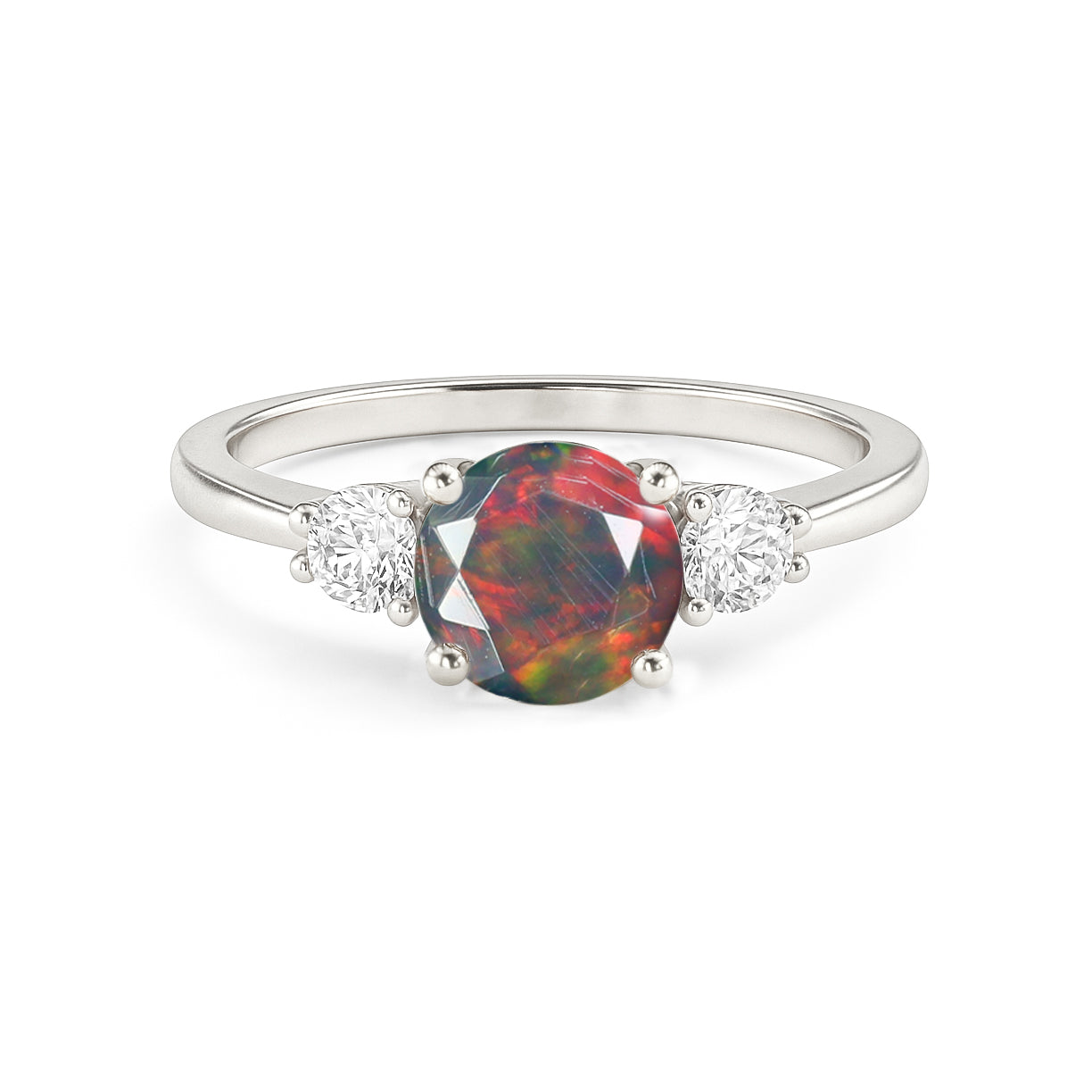 Natural Black Opal and Cubic Zircon Birthstone Trilogy Ring