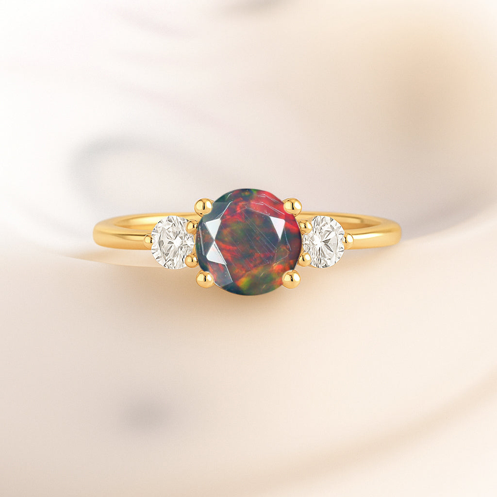 Natural Black Opal and Cubic Zircon Birthstone Trilogy Ring