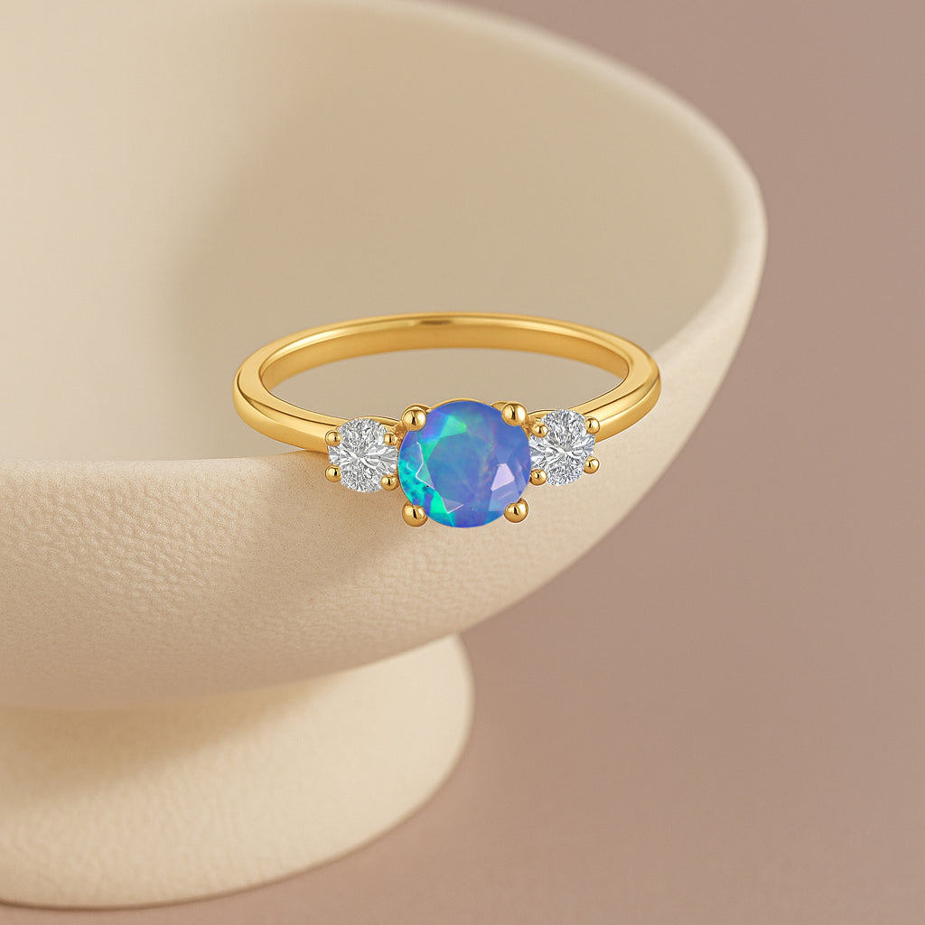 Natural Blue Opal and Cubic Zircon Birthstone Trilogy Ring