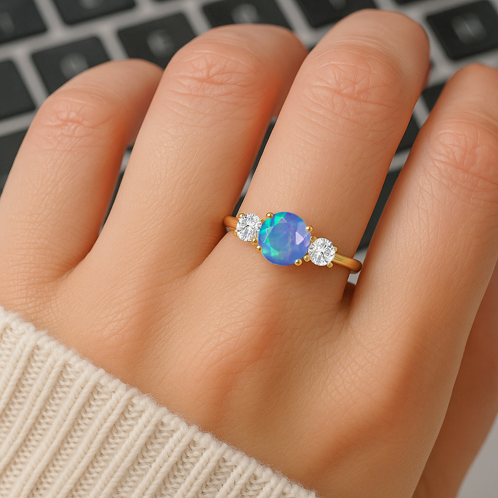 Natural Blue Opal and Cubic Zircon Birthstone Trilogy Ring