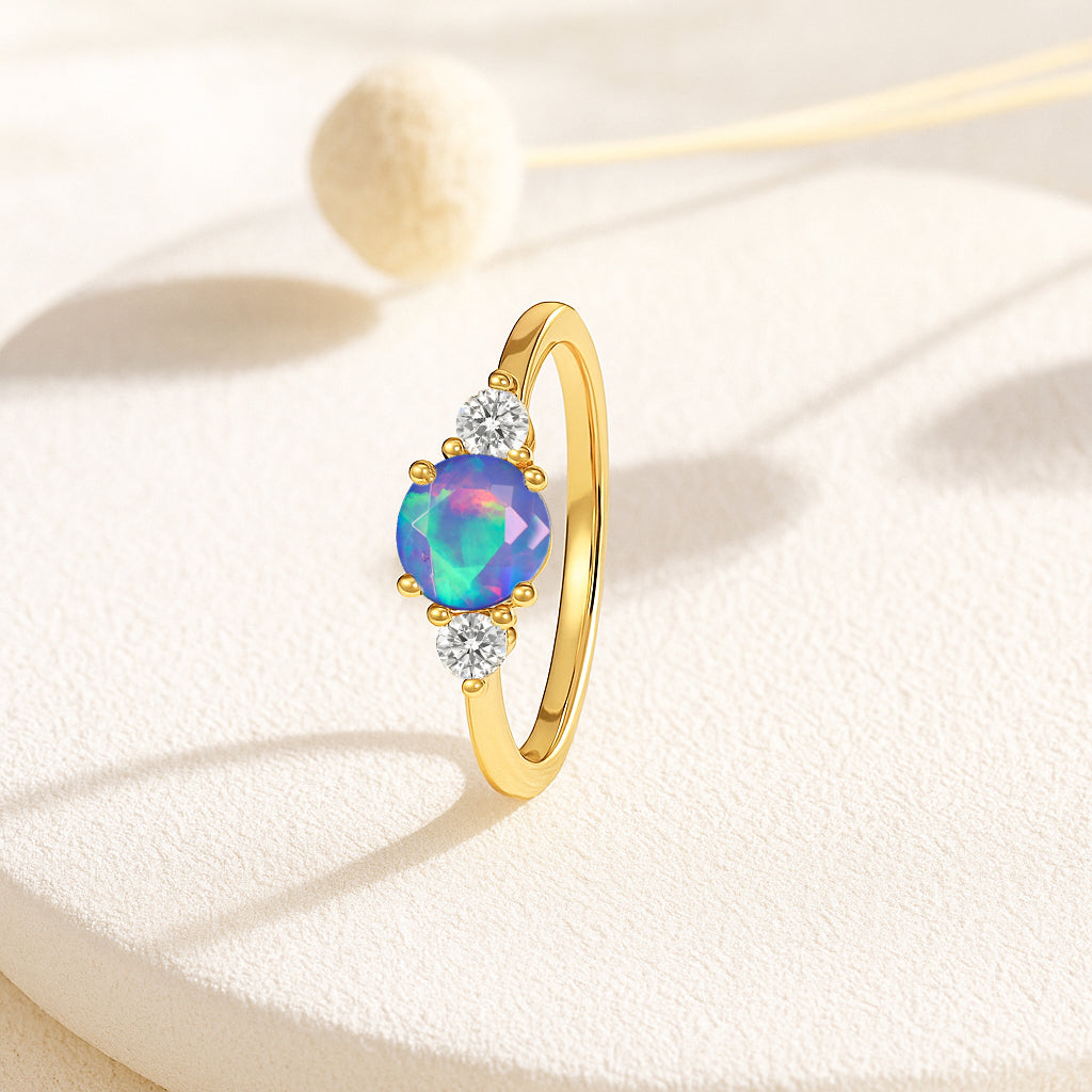 Natural Blue Opal and Cubic Zircon Birthstone Trilogy Ring