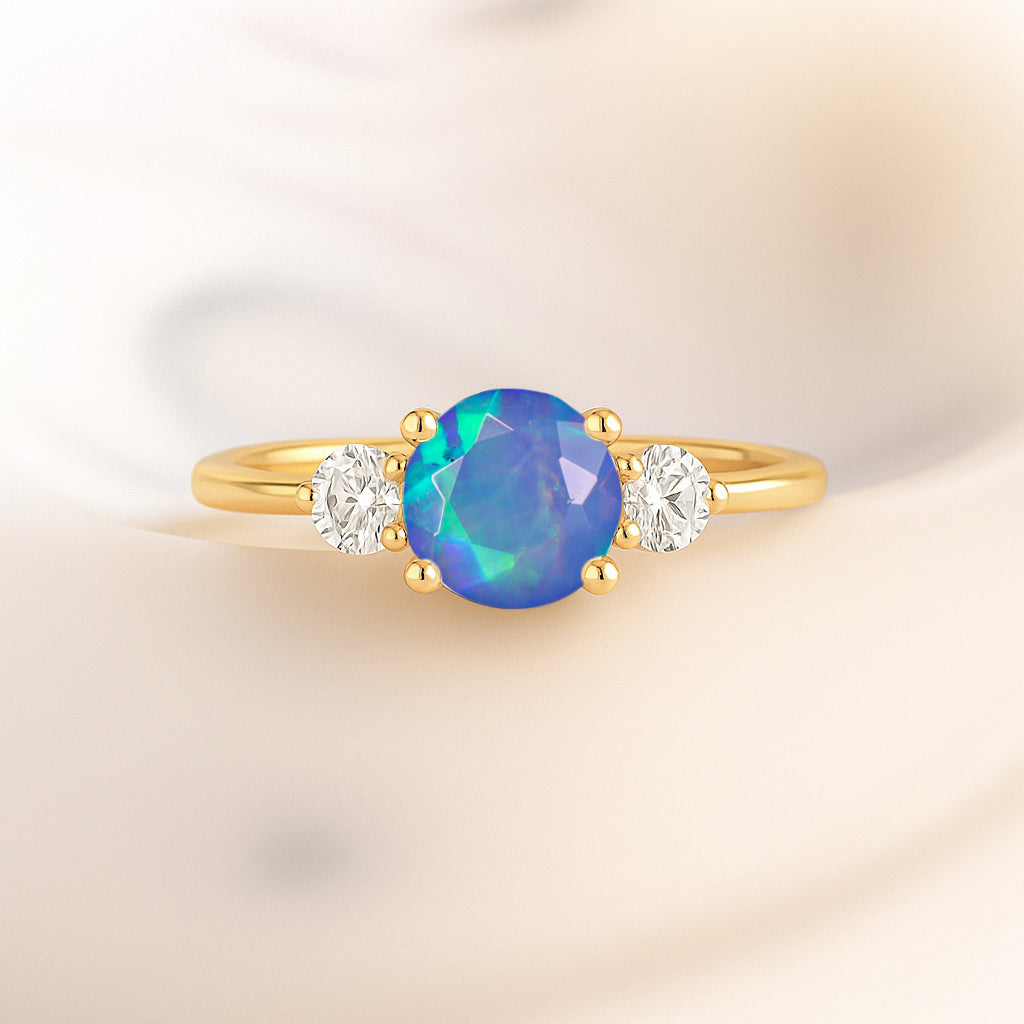 Natural Blue Opal and Cubic Zircon Birthstone Trilogy Ring