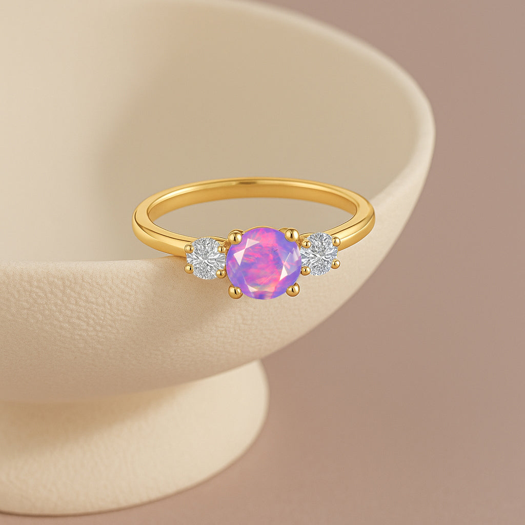 Natural Lavender Opal and Cubic Zircon Birthstone Trilogy Ring