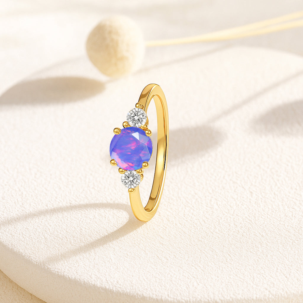 Natural Lavender Opal and Cubic Zircon Birthstone Trilogy Ring