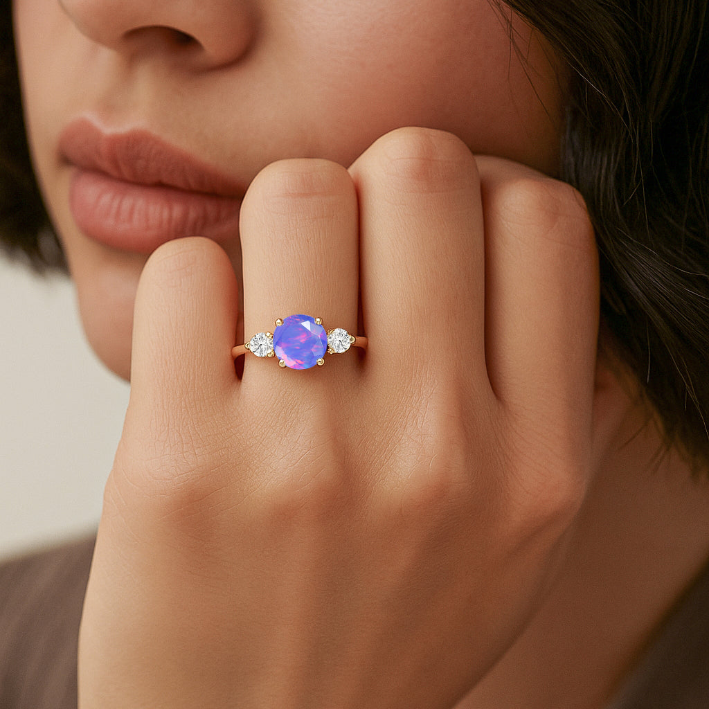 Natural Lavender Opal and Cubic Zircon Birthstone Trilogy Ring