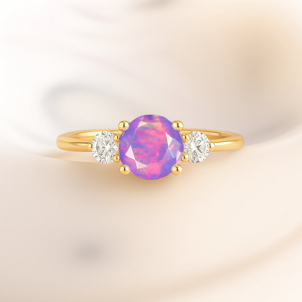 Natural Lavender Opal and Cubic Zircon Birthstone Trilogy Ring