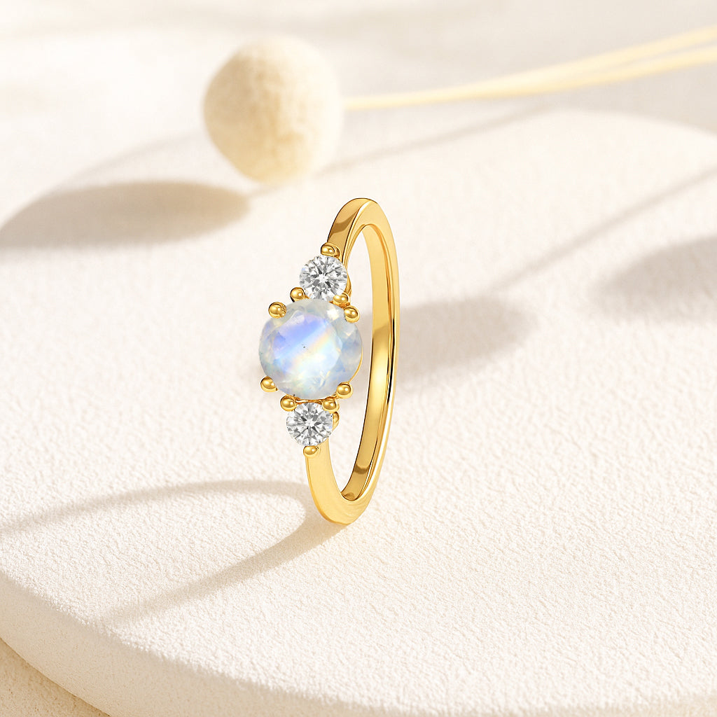 Natural Moonstone and Cubic Zircon Birthstone Trilogy Ring