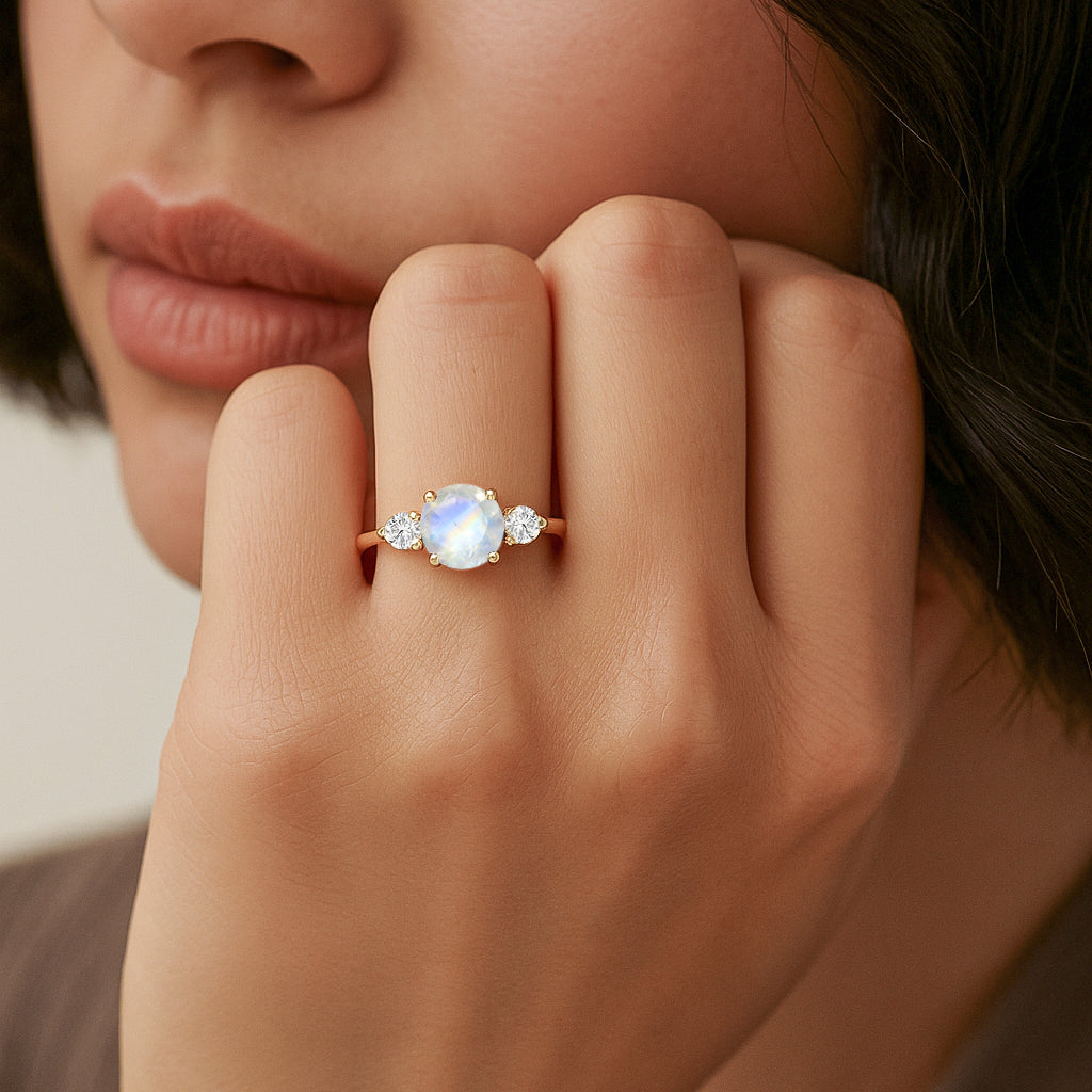 Natural Moonstone and Cubic Zircon Birthstone Trilogy Ring