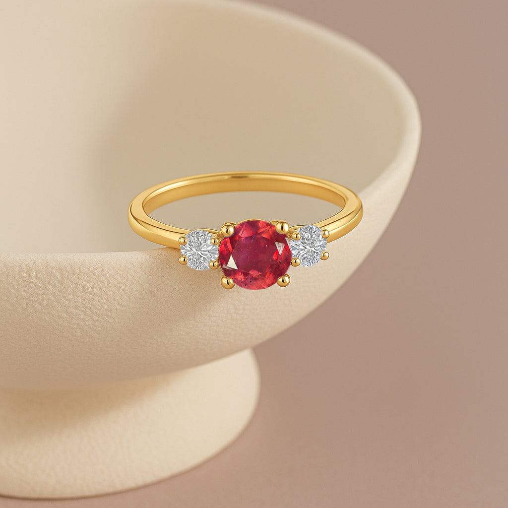 Natural Ruby and Cubic Zircon Birthstone Trilogy Ring