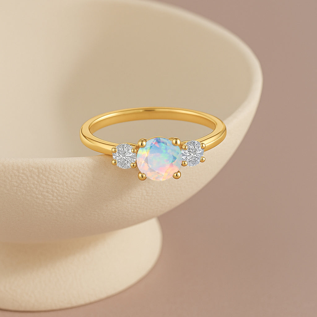 Natural White Opal and Cubic Zircon Birthstone Trilogy Ring