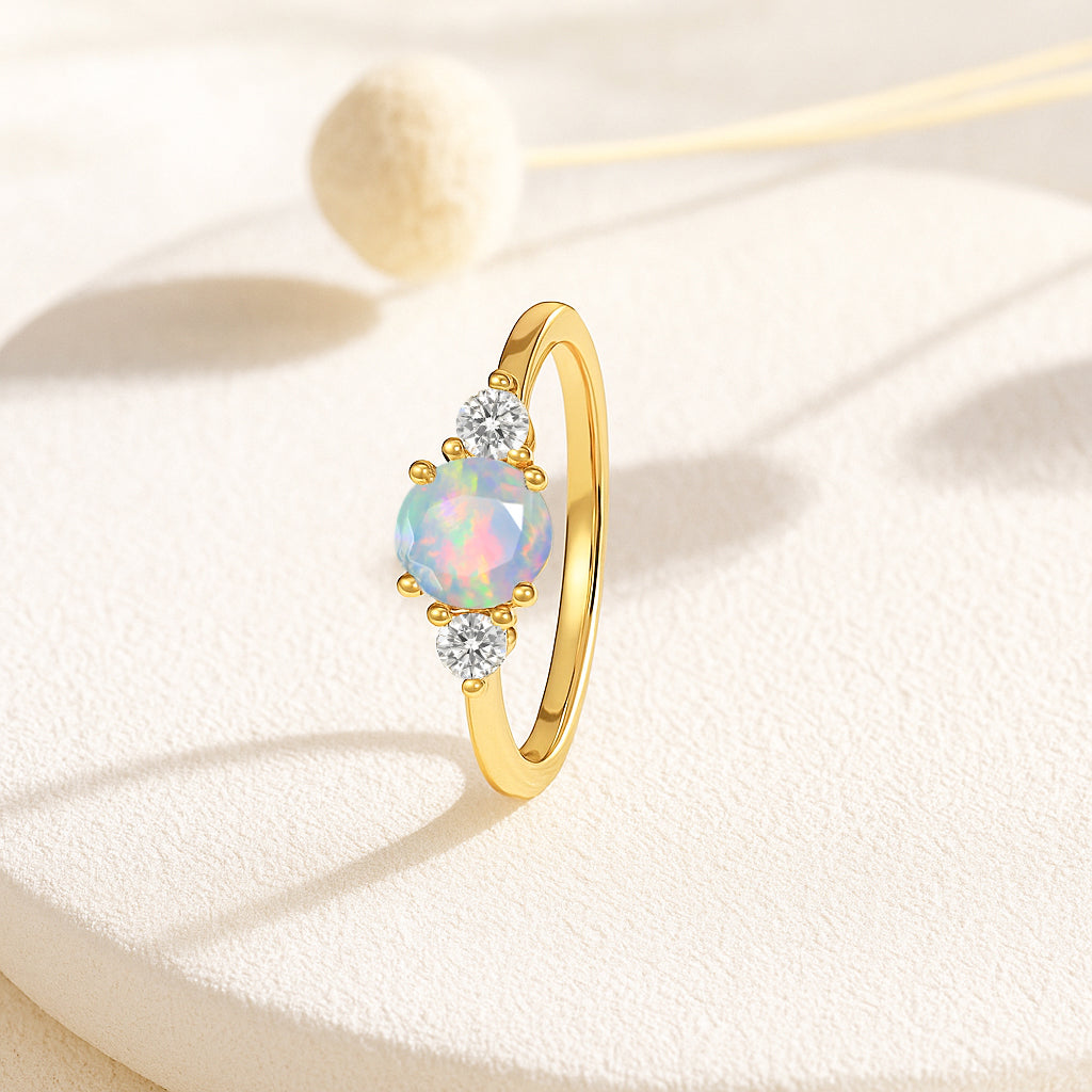 Natural White Opal and Cubic Zircon Birthstone Trilogy Ring