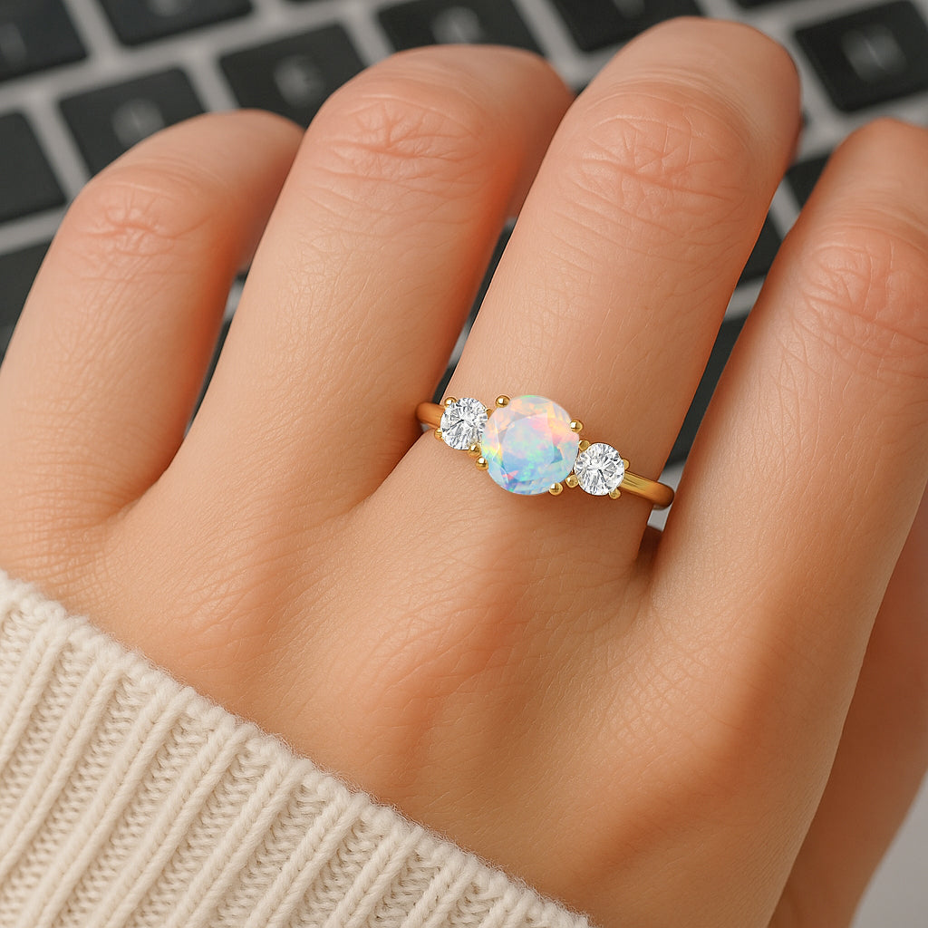 Natural White Opal and Cubic Zircon Birthstone Trilogy Ring