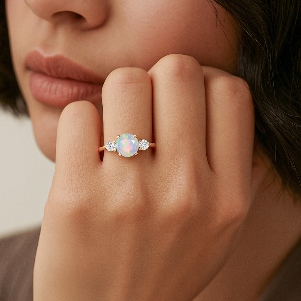 Natural White Opal and Cubic Zircon Birthstone Trilogy Ring