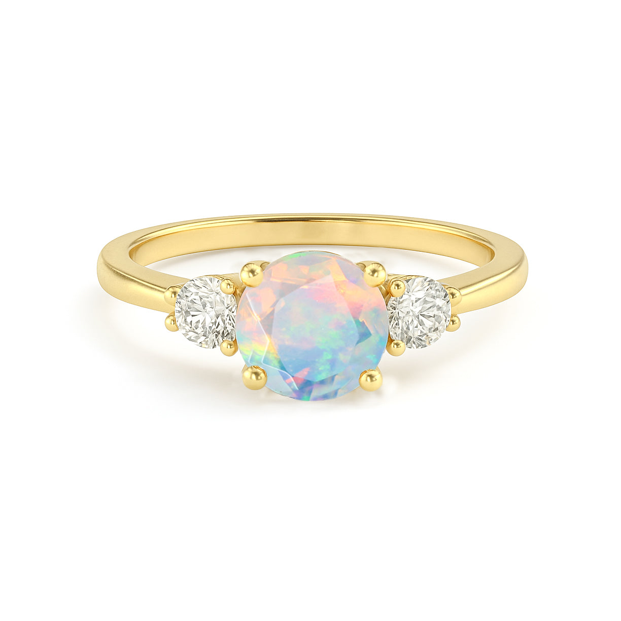 Natural White Opal and Cubic Zircon Birthstone Trilogy Ring
