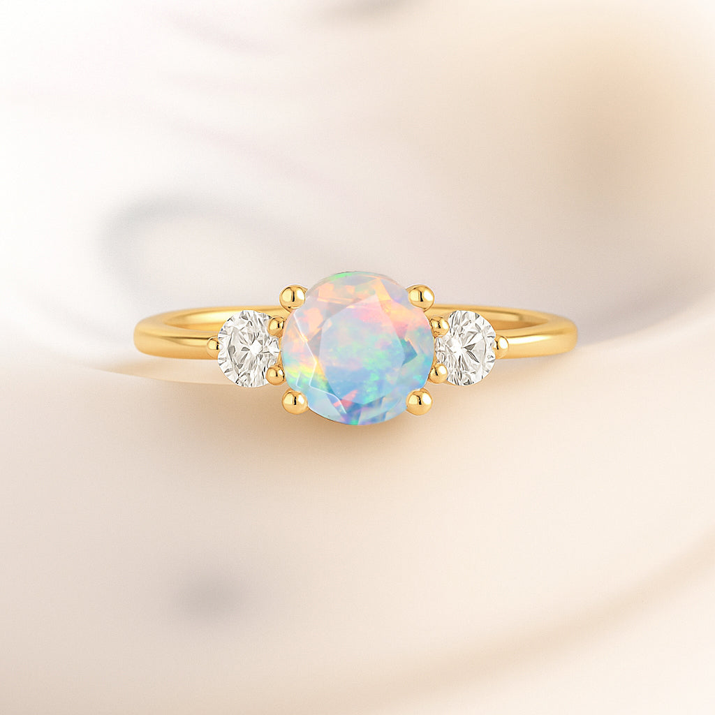 Natural White Opal and Cubic Zircon Birthstone Trilogy Ring