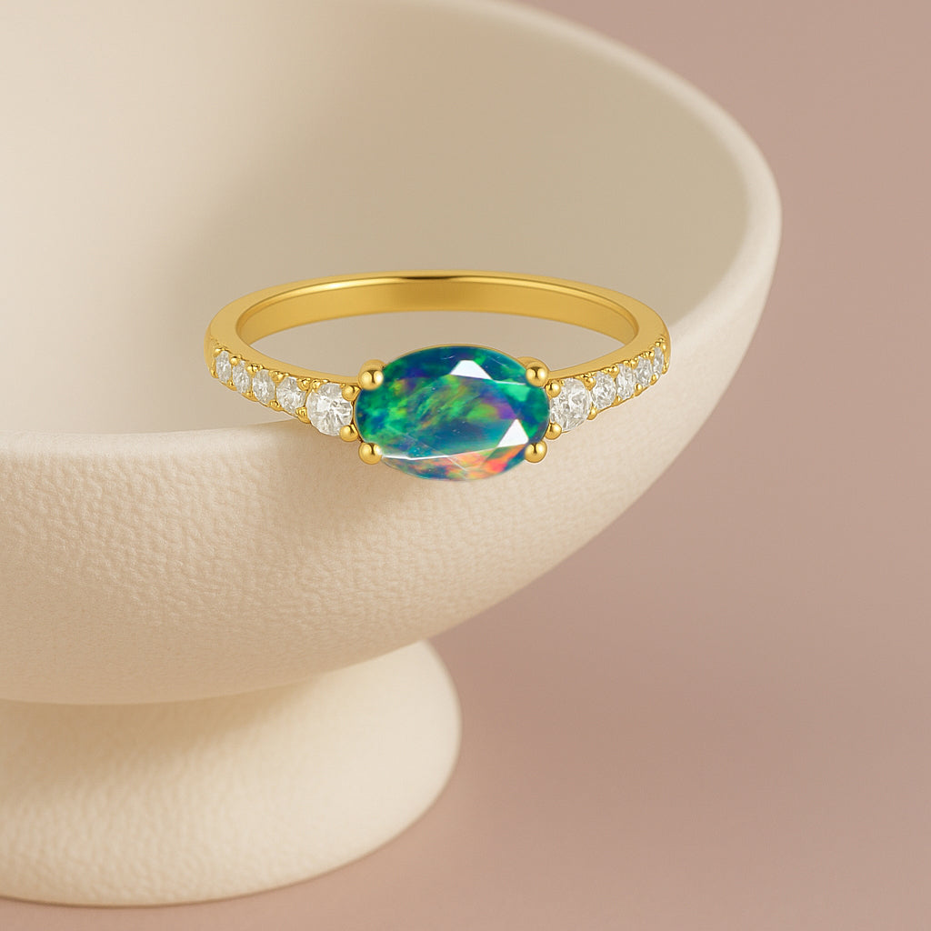Statement Birthstone Ring with Natural Black Opal Faceted Stone