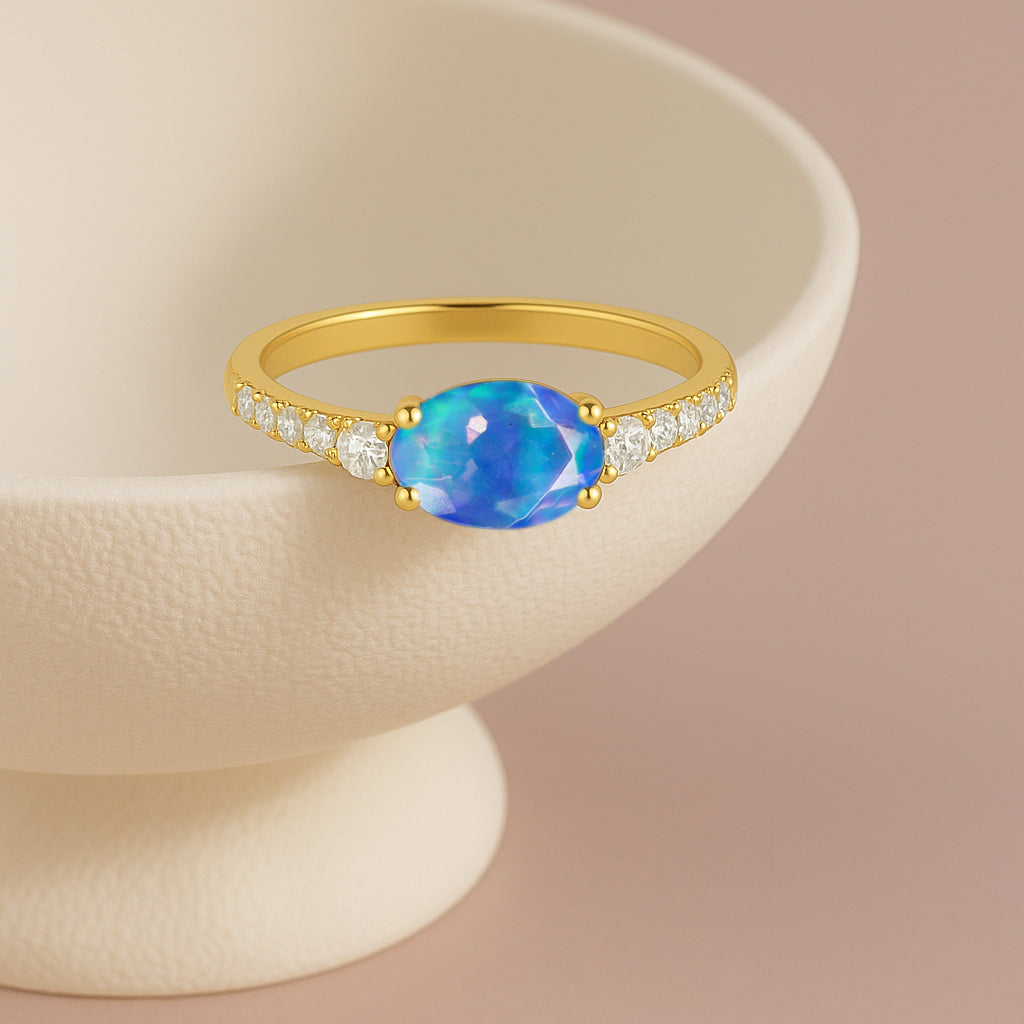 Statement Birthstone Ring with Natural Blue Opal Faceted Stone