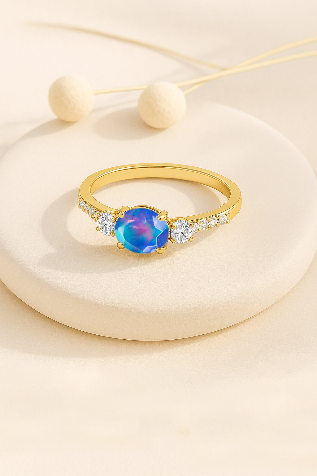 Statement Birthstone Ring with Natural Blue Opal Faceted Stone