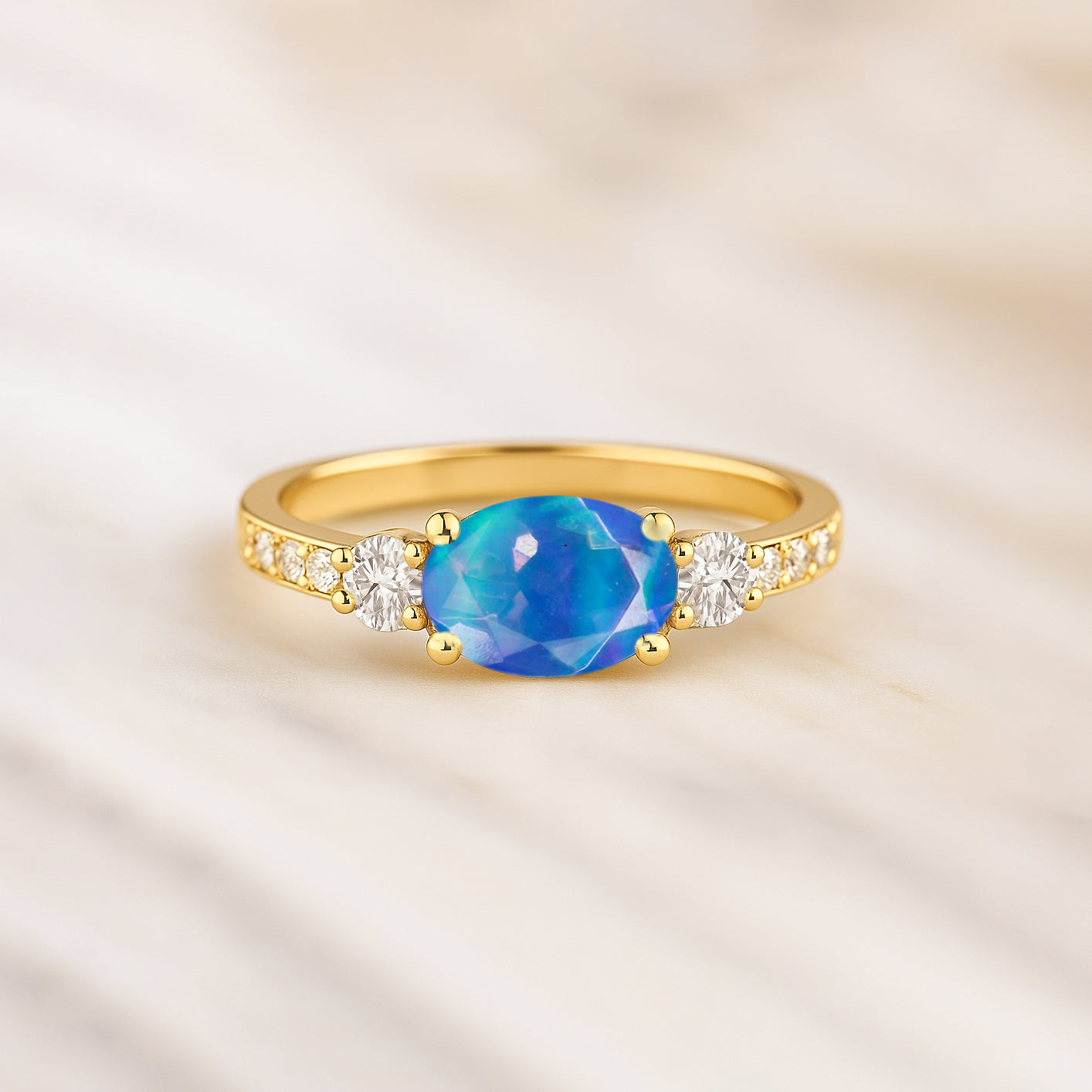 Statement Birthstone Ring with Natural Blue Opal Faceted Stone